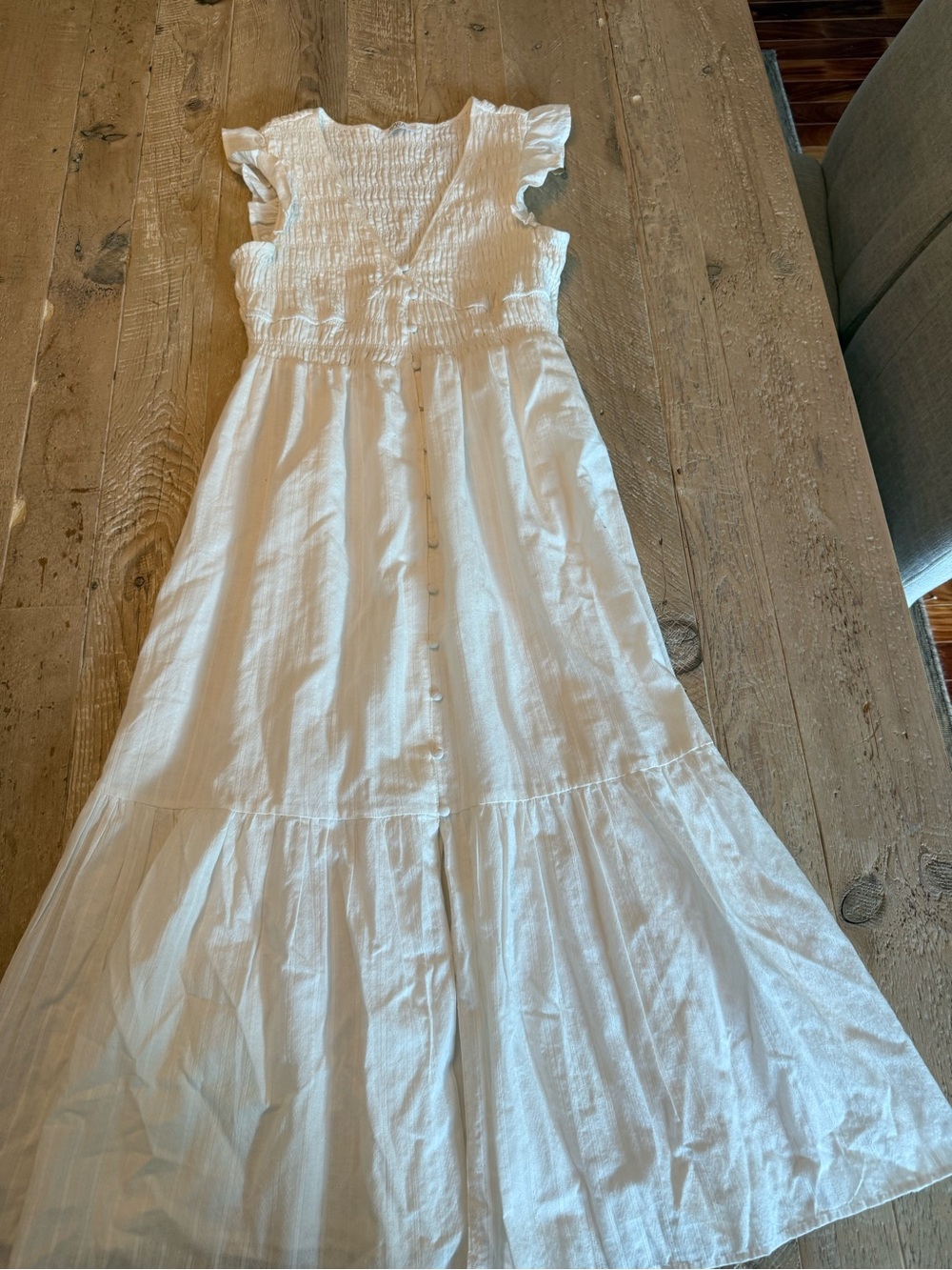 Avara White Smocked Maxi Dress with Button Front M
